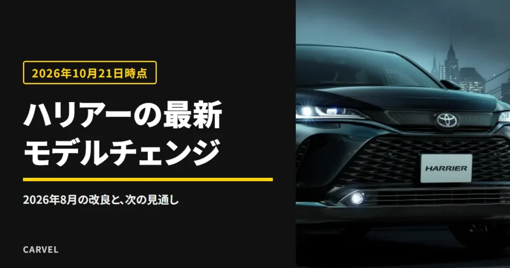 ハリアーのモデルチェンジ情報（次期型の公式発表なし・2026年8月の一部改良）を確かめる記事のアイキャッチ。夜の街に立つ黒い現行ハリアーの外観写真（トヨタ公式画像）に記事タイトルを重ねた
