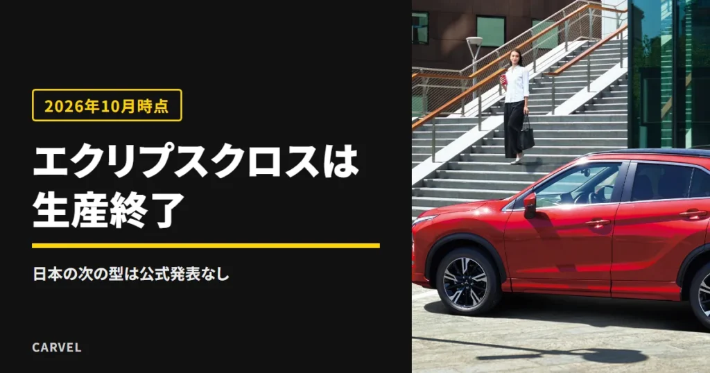 エクリプス クロスのモデルチェンジについて、日本の新車は生産終了で、日本向けの次の型は三菱から公式発表がない（2026年10月21日時点）と伝える記事のアイキャッチ。赤いエクリプス クロスを横から写した三菱自動車の公式写真に、記事の答えを重ねた