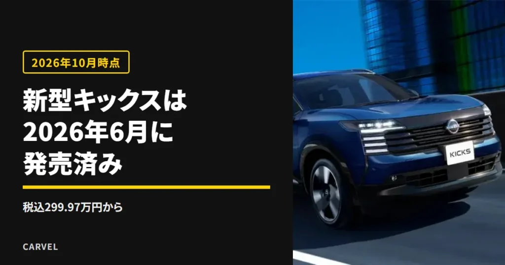 日産キックスのモデルチェンジについて、新型の2代目はすでに2026年6月に発売され、新車価格は税込299.97万円からだと伝える記事のアイキャッチ。青い新型キックスが高速道路のカーブを走る日産公式の写真に記事の答えを重ねた（2026年10月時点）