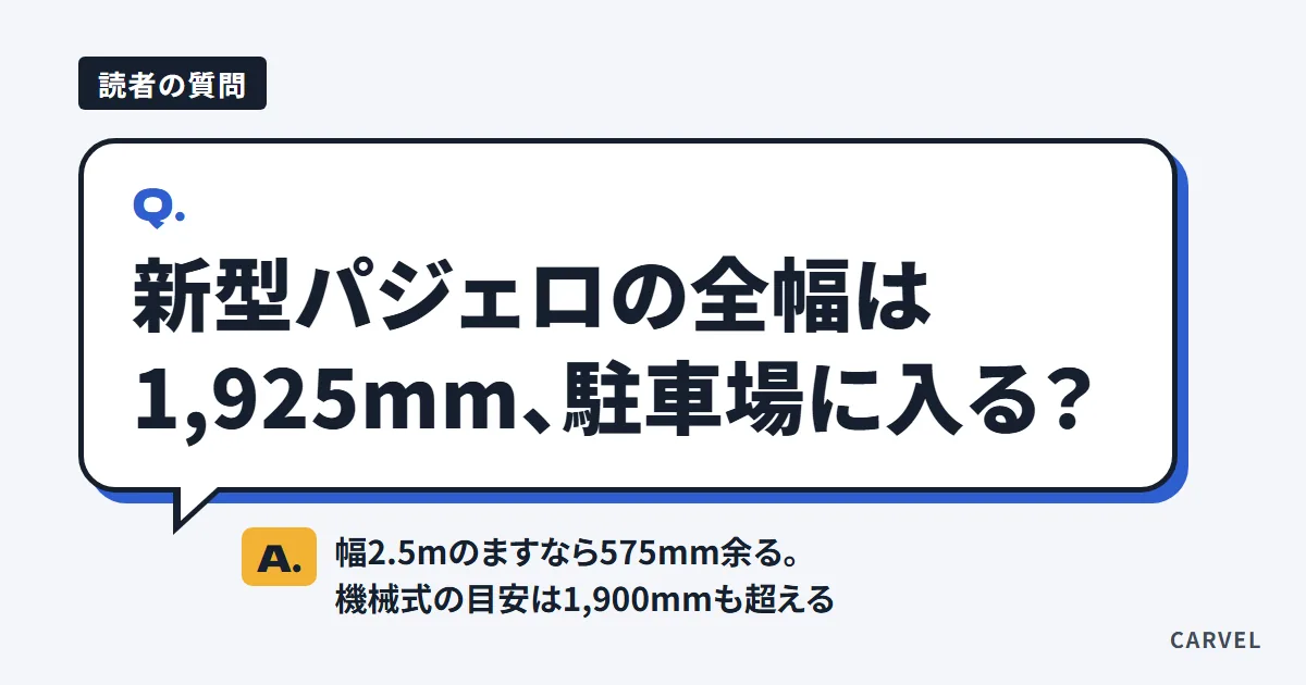 新型パジェロのサイズ（全長4,920×全幅1,925×全高1,910mm・三菱発表）と駐車場の目安を比べたアイキャッチ