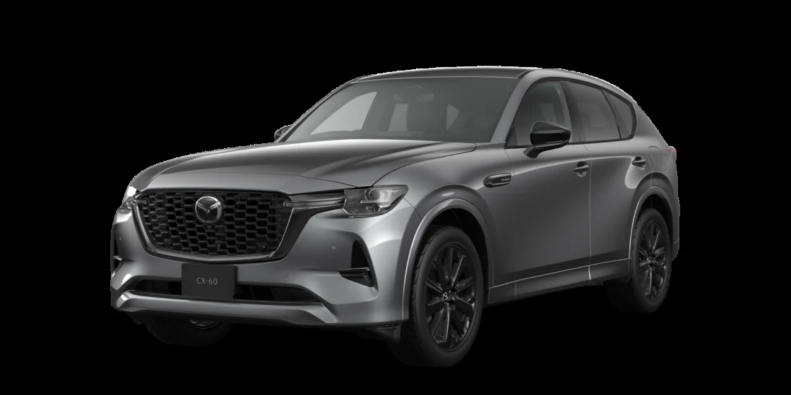 黒い背景に置いた灰色のCX-60を左斜め前から見た外観。黒いグリルと細いヘッドライトが見える