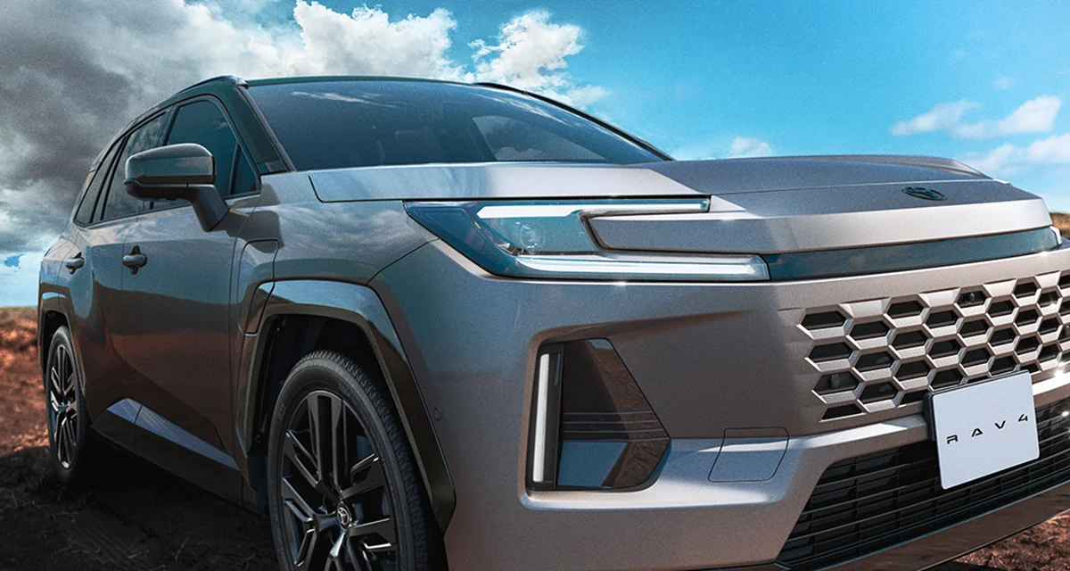 新型RAV4の前面。六角形を並べたグリルと、細い横長のヘッドランプが見える