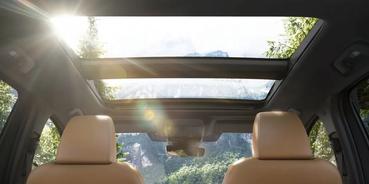 CX-60の室内から見上げたサンルーフ。ガラスの先に木々と山が見え、手前に茶色い革のシートの上端が写る