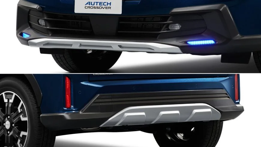 AUTECH CROSSOVERの前後のバンパー。下側に銀色のプロテクターが付き、前のバンパーの左右には青く光るランプがある