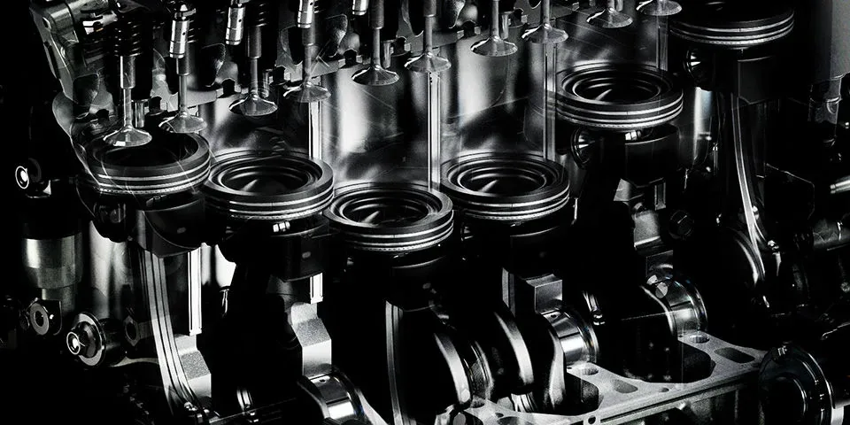 CX-80のエンジンを切り開いて、ピストンが横一列に並ぶ様子を見せた写真