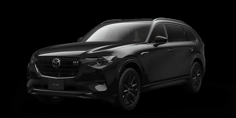 暗い背景に置いた黒いCX-80を左斜め前から見た外観。黒いホイールと、黒で統一したグリルが分かる